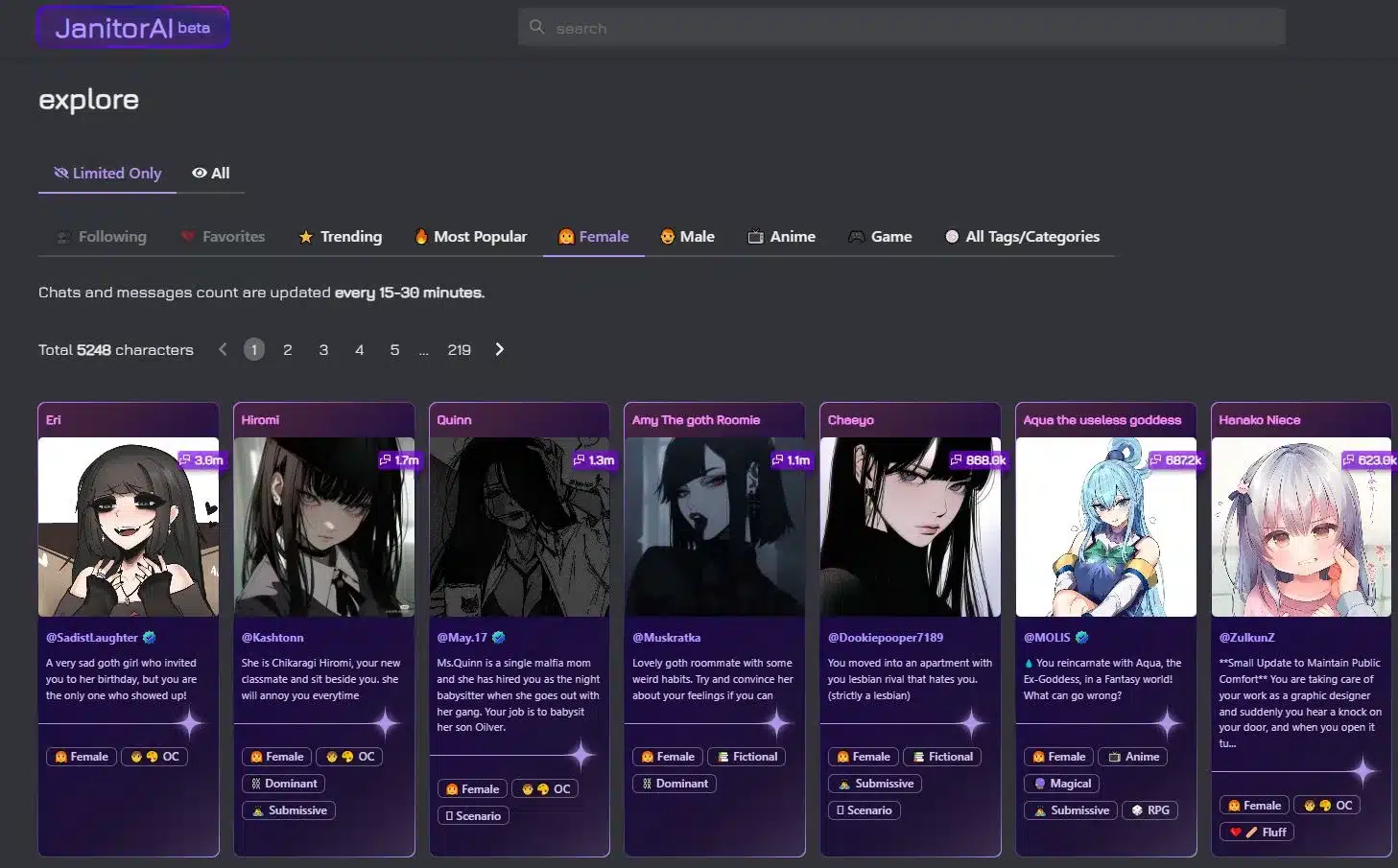 Janitor AI interface showing character library, API setup, chat features, and customization options