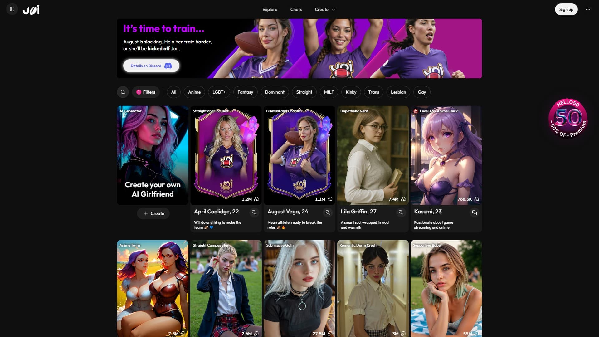 JOI AI interface showing AI girlfriend profiles, character selection, filters, and chat features