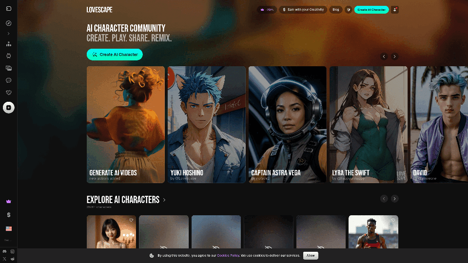 Lovescape AI interface showing character creation, AI character community, video generation features, and user dashboard