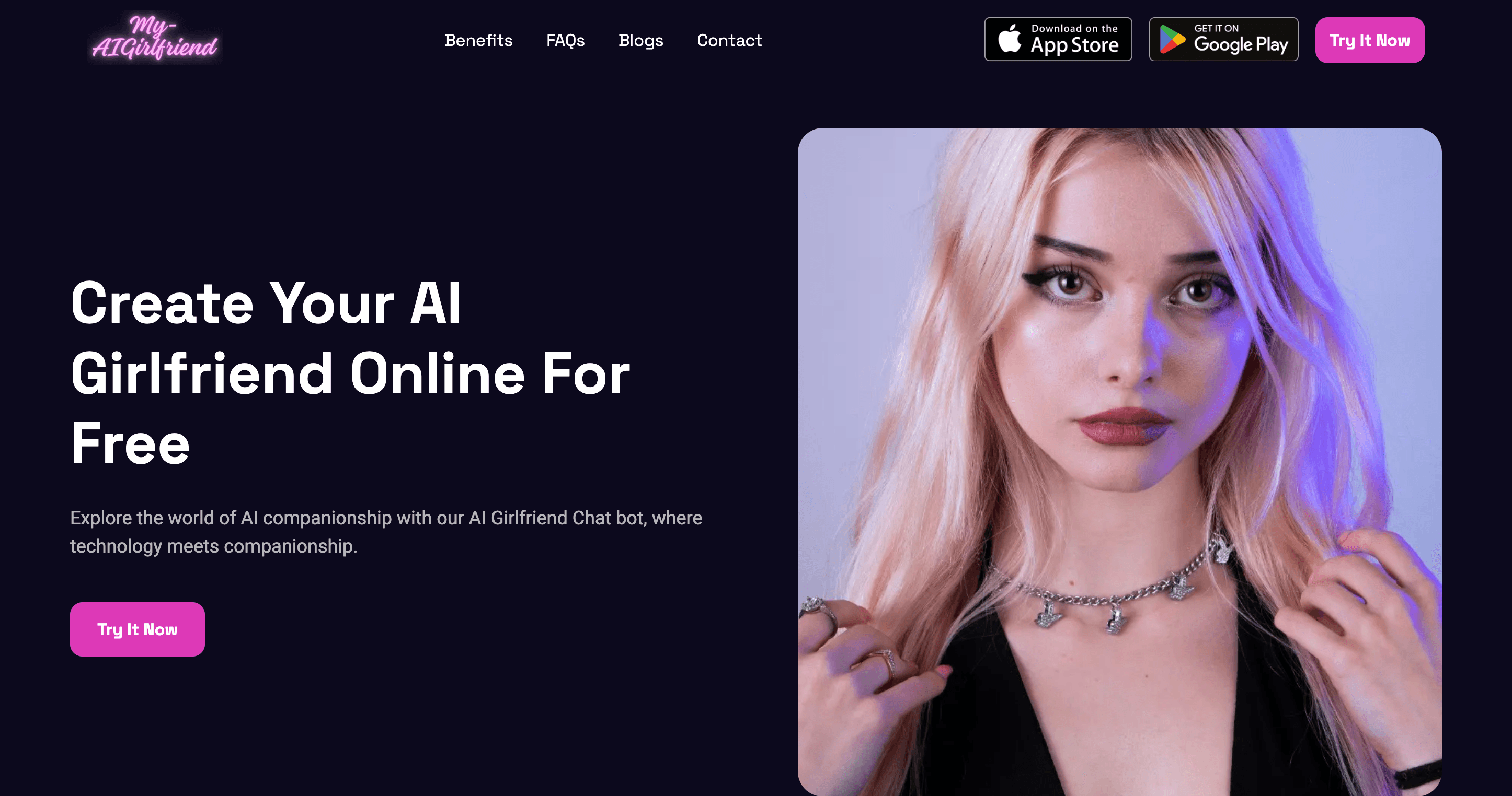 My AI Girlfriend interface showing landing page, AI companion creation features, and user interface