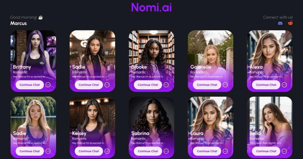 Nomi AI interface showing dashboard with multiple AI companions, conversation features, and user interaction capabilities