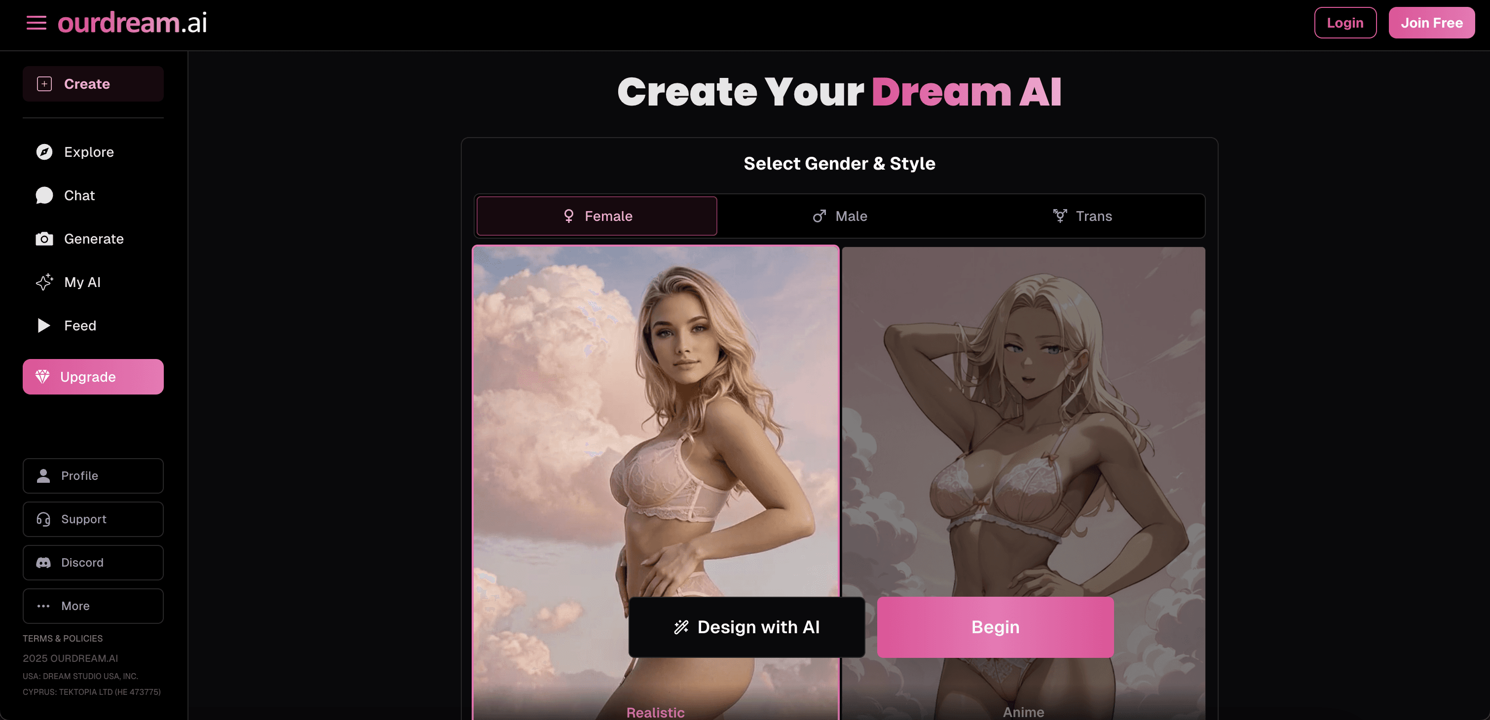 OurDream AI interface showing character creation, image and video generation features, and AI companion customization tools